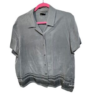Country Road Mens Gray 100% Silk Short Sleeve Striped Hem Button Up Shirt Size M